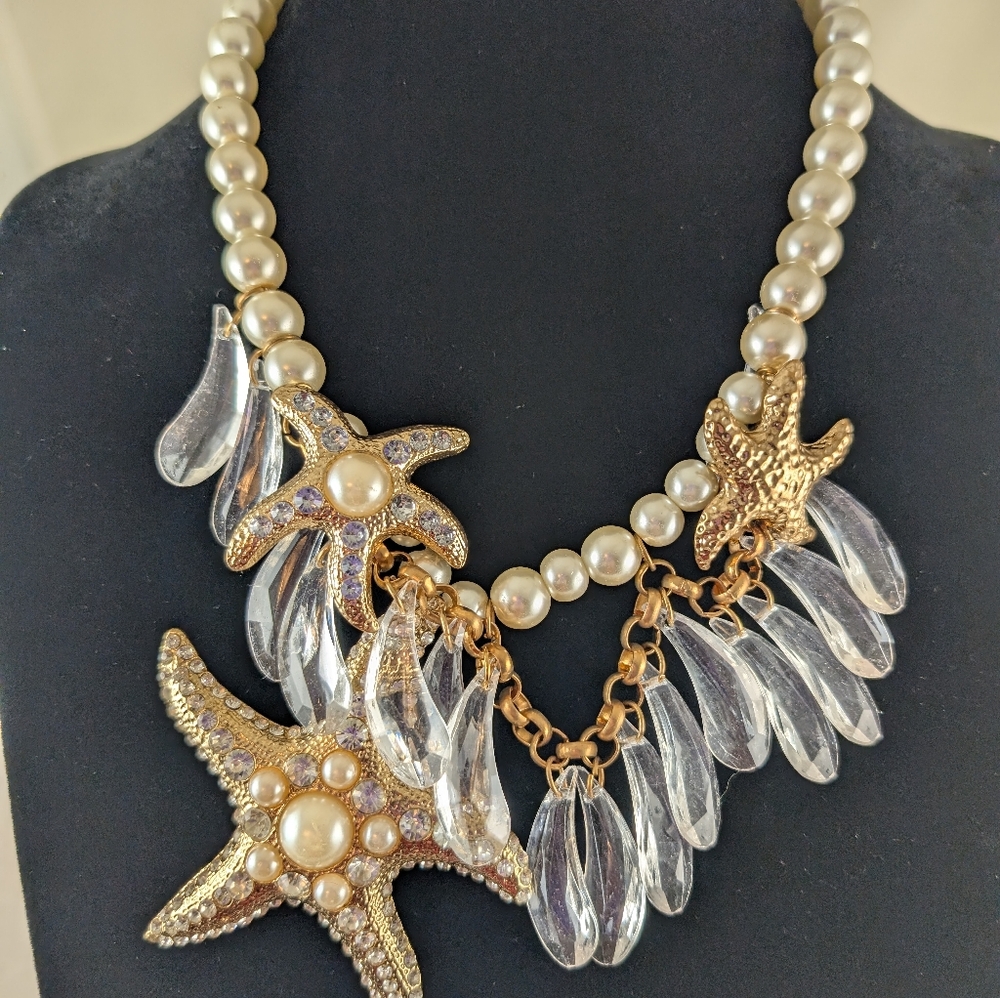 Gold Starfish And Pearl Necklace W/ Teardrop Earrings